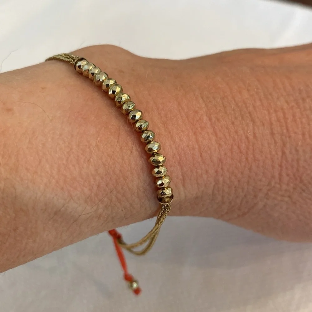 Stella&Dot Gold Bead Double Chain Orange Cord Adjustable Pulley Bracelet Retired